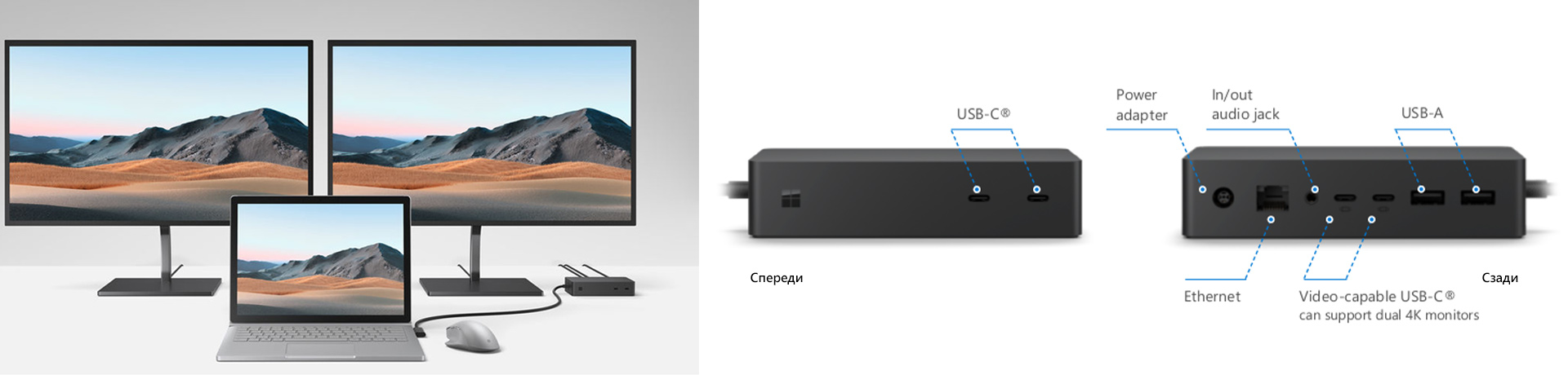 Подключайте до 2 мониторов 4К 60 Гц одновременно к своему устройству Surface